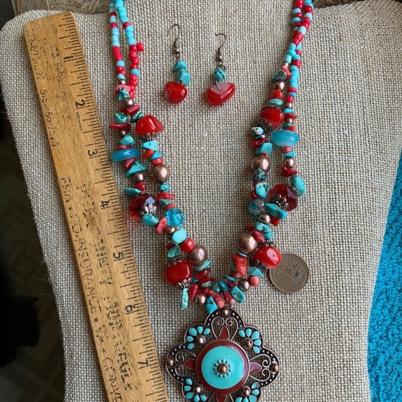 Gem & Enamel Pendant Necklace & Earring Set - Festival Wear Hippie - Boho Set - Picture 13 of 14